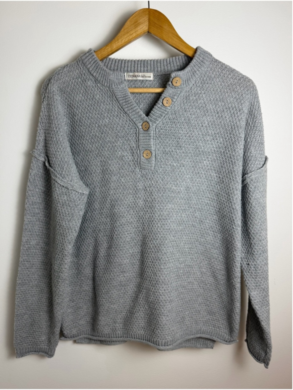 Zenana Grey Button Neck Knit Sweater L/XL